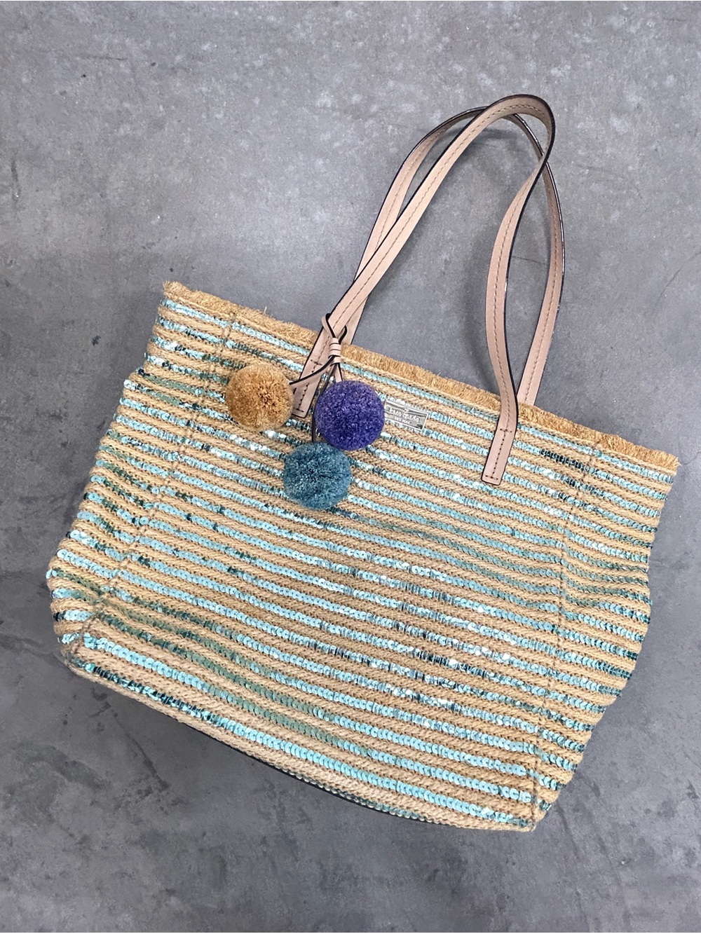 Kate Spade Garden Way Hallie Sequin-Striped Straw Tote Bag Purse